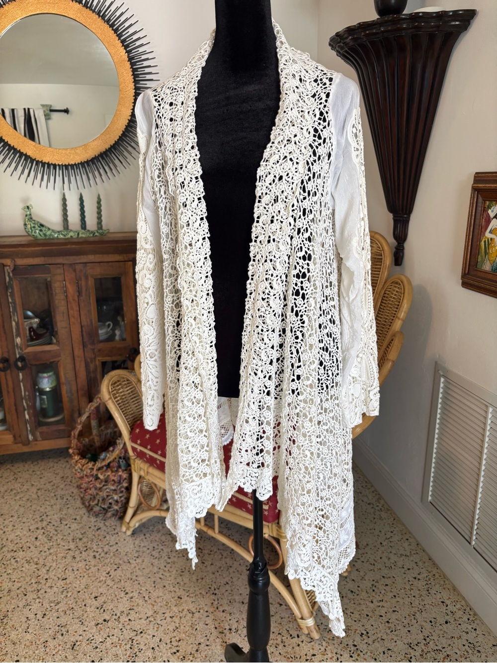 JOHNNY WAS Off White Crochet Bohemian Long Sleeve Cardigan Topper Jacket.